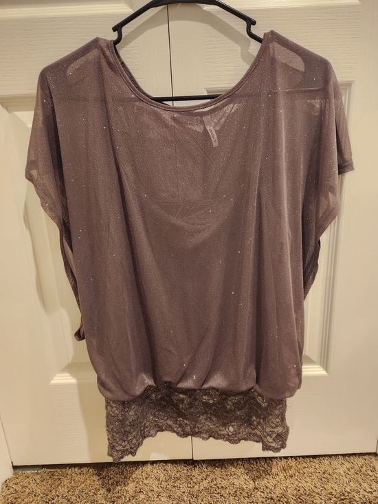 Studio Y Tops - Studio Y Sparkle Lace Hem Short Sleeve Top - Mauve